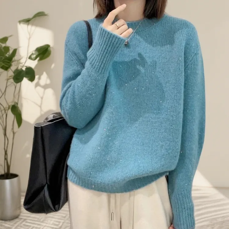 鄂尔多斯市纯羊绒衫女翻领毛衣女秋冬季新款宽松亮丝加厚羊毛上衣