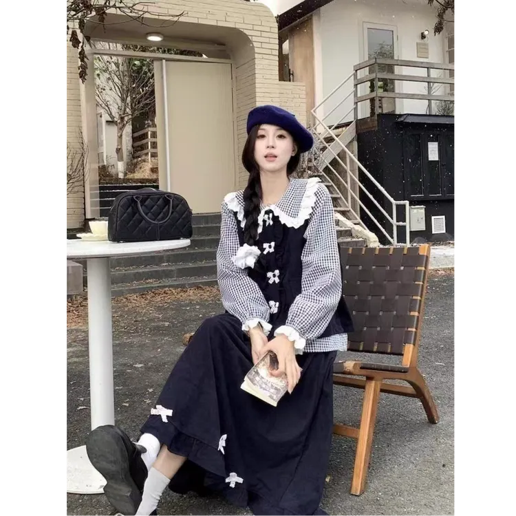 复古长袖女生韩系ins衣服娃娃领学院风秋装日系胖mm少女穿搭套装