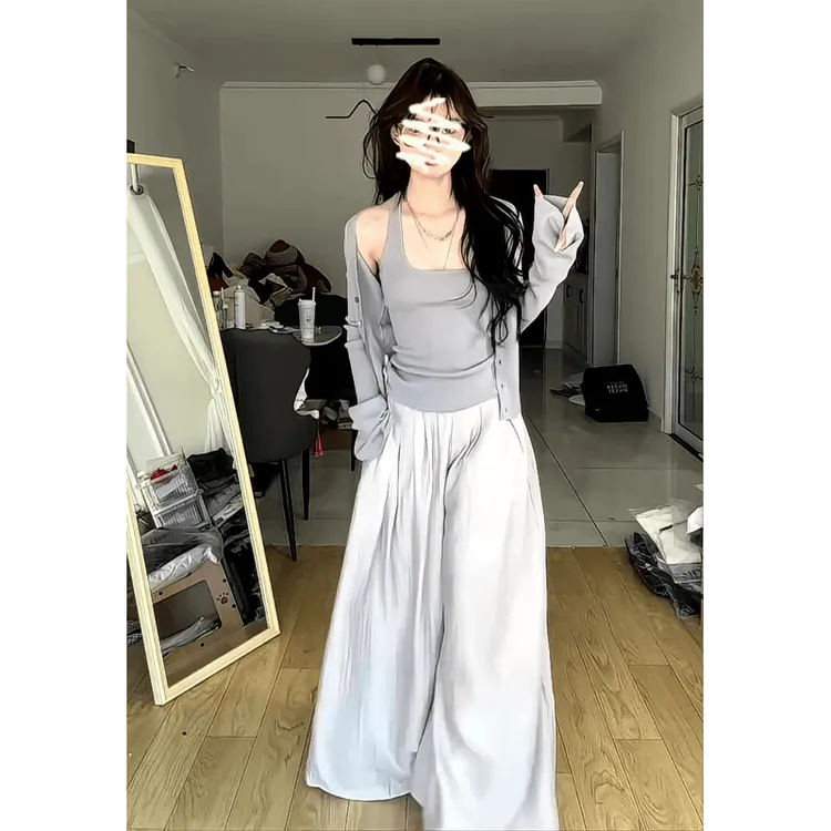 2025春季新款女韩系穿搭薄款长袖开衫吊带背心气质高腰阔腿长裤