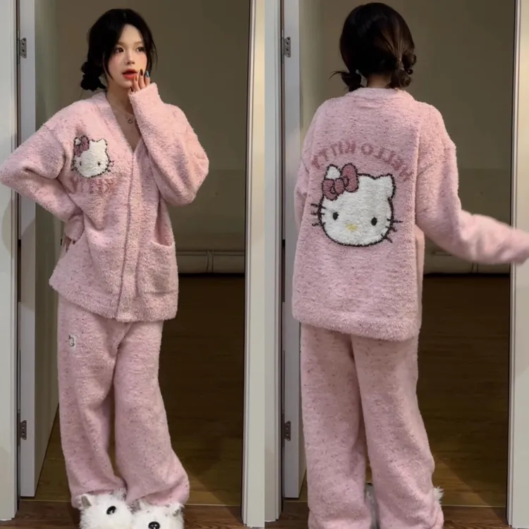 韩版凯蒂猫可爱甜美半边绒睡衣女秋冬季款加绒加厚家居服套装外穿