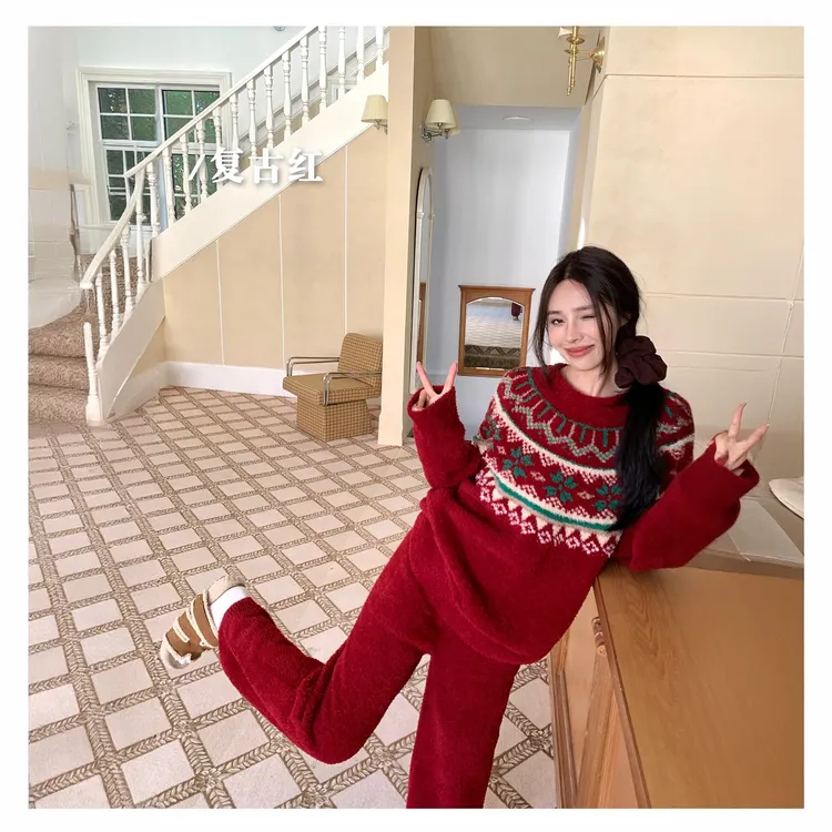 半边绒复古费尔岛家居服睡衣套装秋冬女加厚加绒圆领两件套宽松