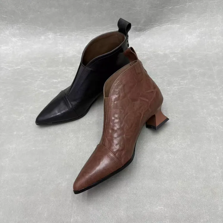 【沐木】低跟粗跟真皮INS风百搭简约时尚秋冬真皮短靴手工女士矮靴
