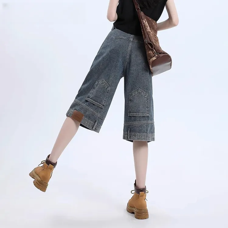 美式阔腿七分牛仔裤女夏季薄款爆款2025新款设计感高腰显瘦中裤