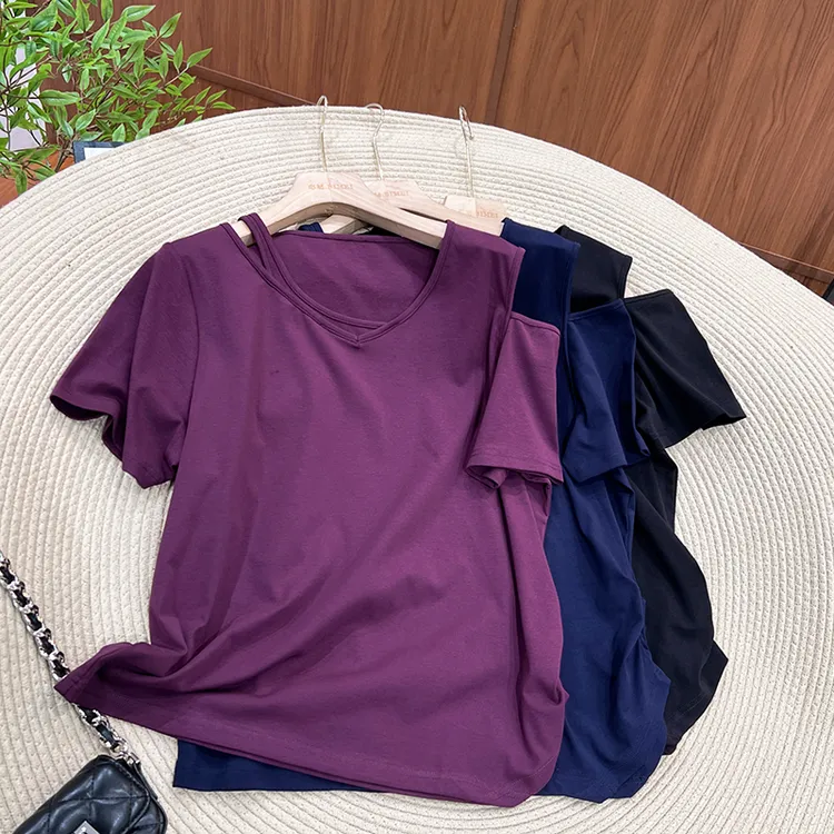 BIMEI镂空短袖露肩V领T恤cleanfit风大码上衣女2025夏季55698