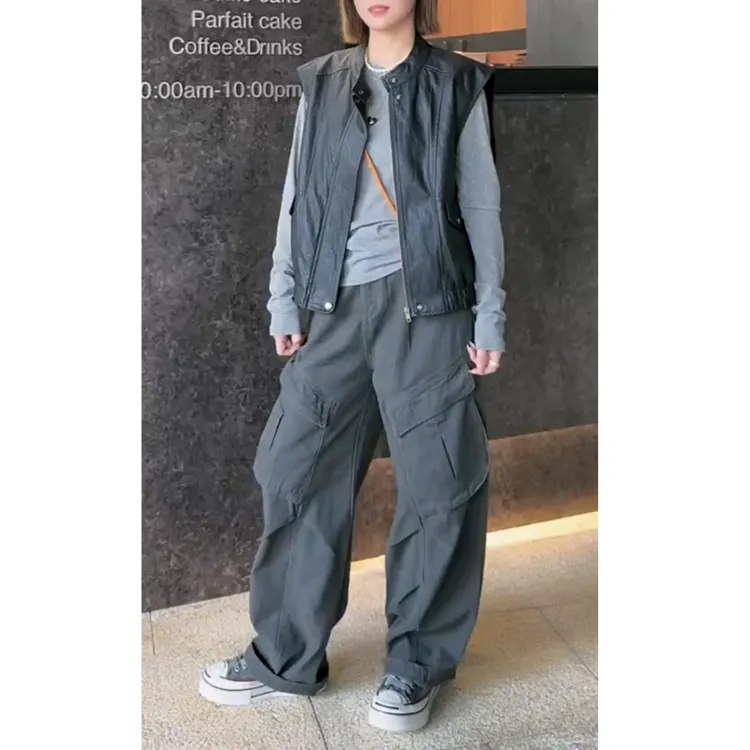 2025早秋新款高腰显瘦阔腿时尚百搭大口袋工装裤牛仔裤