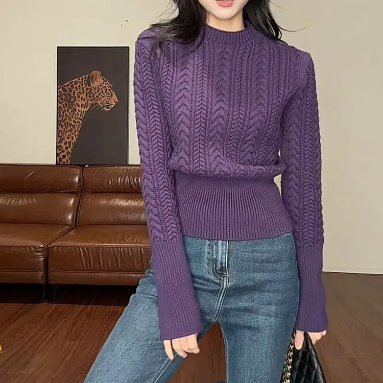 麻花小立领收腰厚款毛针织衫收腰显瘦百搭针织上衣毛衣女K1-33