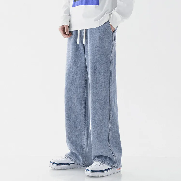 爆款春夏新款松紧腰牛仔裤男美式复古宽松垂感阔腿长裤