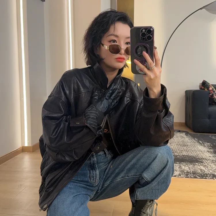 QISHI 杨树林Y家反绒面小牛皮翻领皮衣时尚复古老钱风夹克外套女