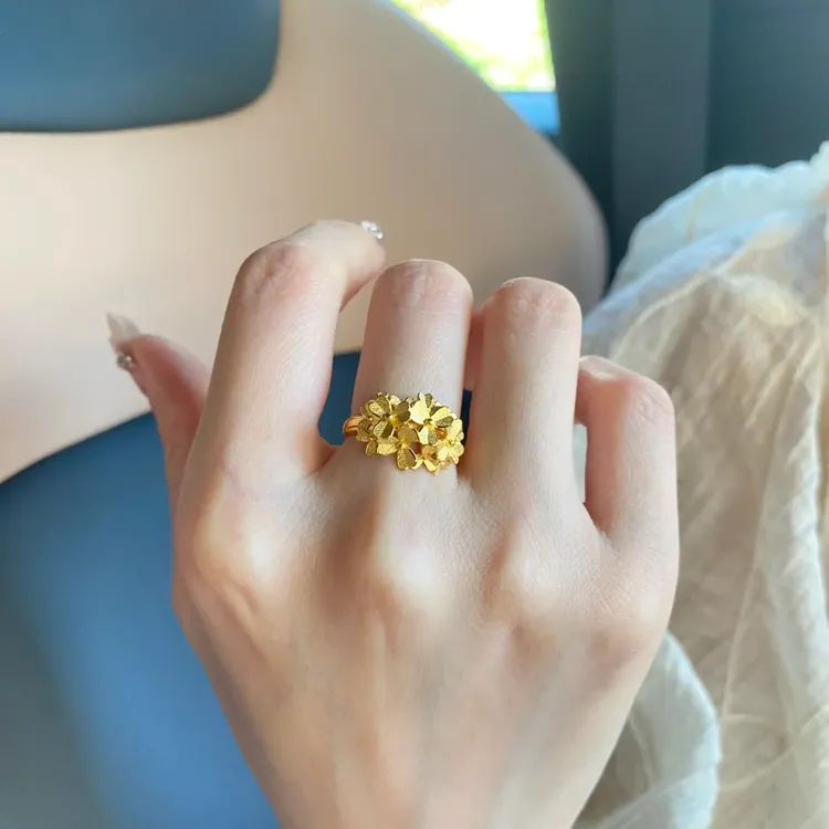 铜合金戒指 黄金色繁花塔塔戒指女新中式立体花朵指环送女友礼物