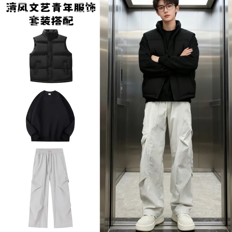 6-26℃韩版痞帅秋冬季棉服马甲套装加厚保暖坎肩背心外套男三件套