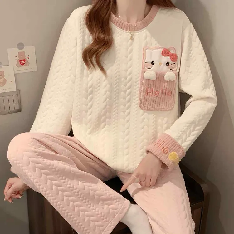 睡衣女款秋冬季空气棉夹层加厚2025新款可爱卡通可外穿家居服套装