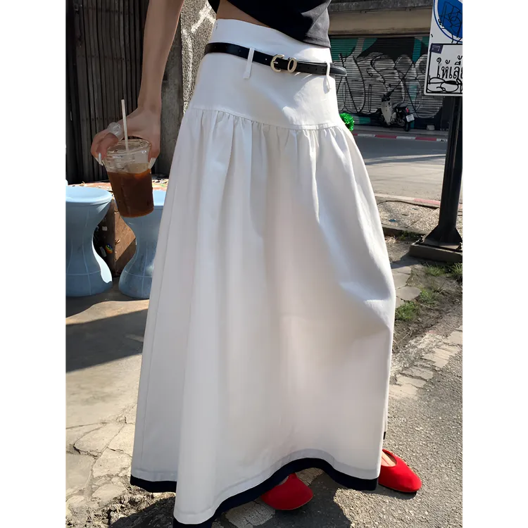 韩版设计感撞色高腰显瘦a字半身裙春夏新款法式优雅拼接长裙