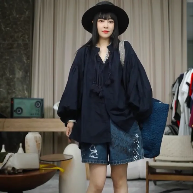 infobyfive2025夏季新款蓝调流苏长袖系带苎麻衬衫NF0504075