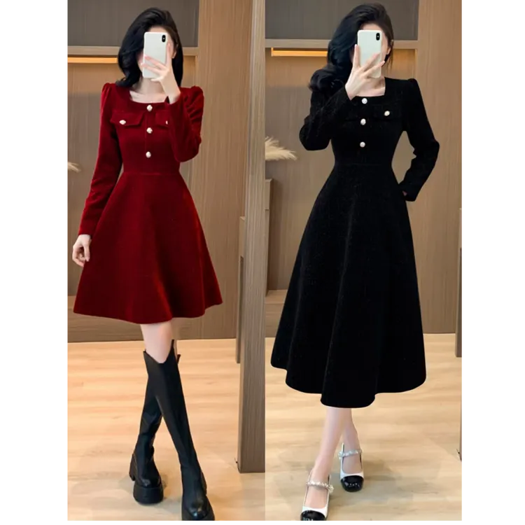 秋冬大码小香风新中式有口袋新款雪尼尔新年战袍甜酷辣连衣裙9251