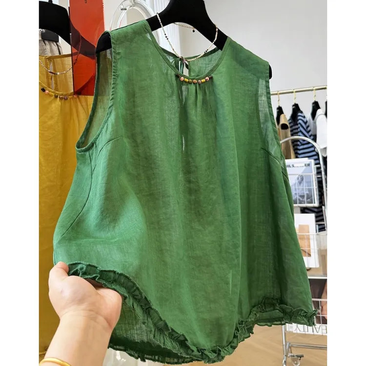 韩系木耳边巨好看无袖上衣女夏季薄款高端纯苎麻外穿马甲背心小衫