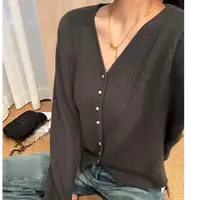 秋冬深灰色金豆宽松开衫蓬松软糯毛衣V领针织衫