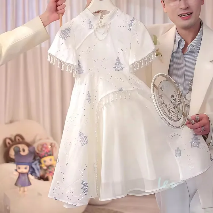 女童国风连衣裙2024夏季旗袍珍珠流苏公主裙新中式短袖汉服不规则
