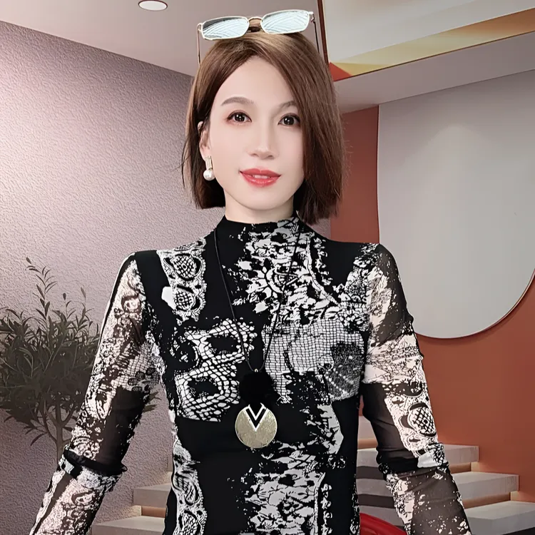 秋季半高领印花网纱打底衫女修身秋冬内搭女装上衣长袖时尚小衫潮