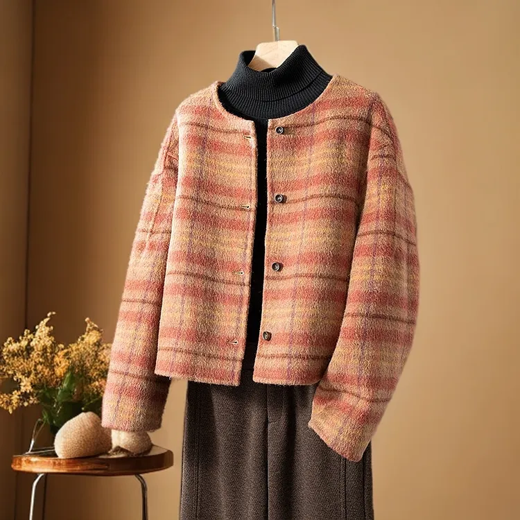 双面羊毛呢外套秋冬短款长袖格子女格纹上衣呢大衣洋气春季小香风