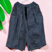 蓝色细条纹直筒裤七分裤短裤休闲时尚百搭夏季薄款潮流韩版水洗