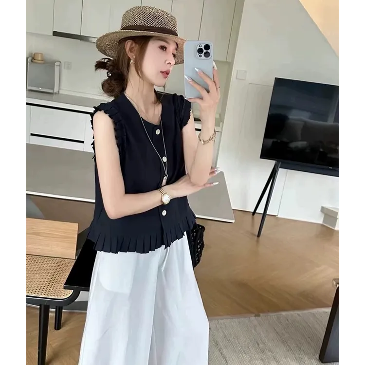2025夏季新款欧货木耳边亚麻系扣马夹短款上衣女显瘦宽松时尚短袖