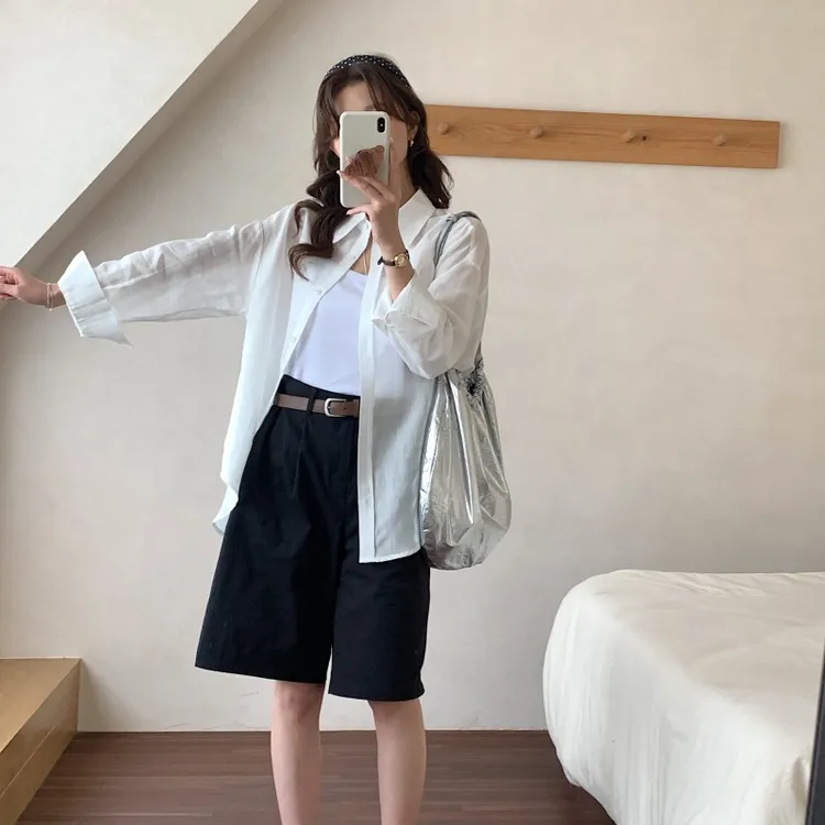 2025夏季新款时尚韩系防晒苎麻衬衫吊带＋高腰五一旅游出街衣服