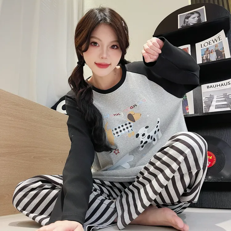 【带胸垫】春秋季印花女睡衣针织棉家居服时尚舒适保暖可外穿EB139