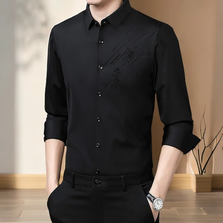 春秋新款男士烫钻高档长袖无痕衬衫免熨易打理休闲宽松弹力衬衣男