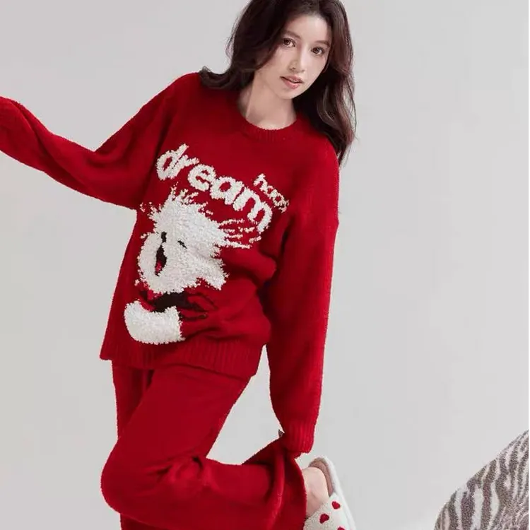 红色本命年睡衣女冬季加厚半边绒大嘴猫软绵绵家居服套装可外穿