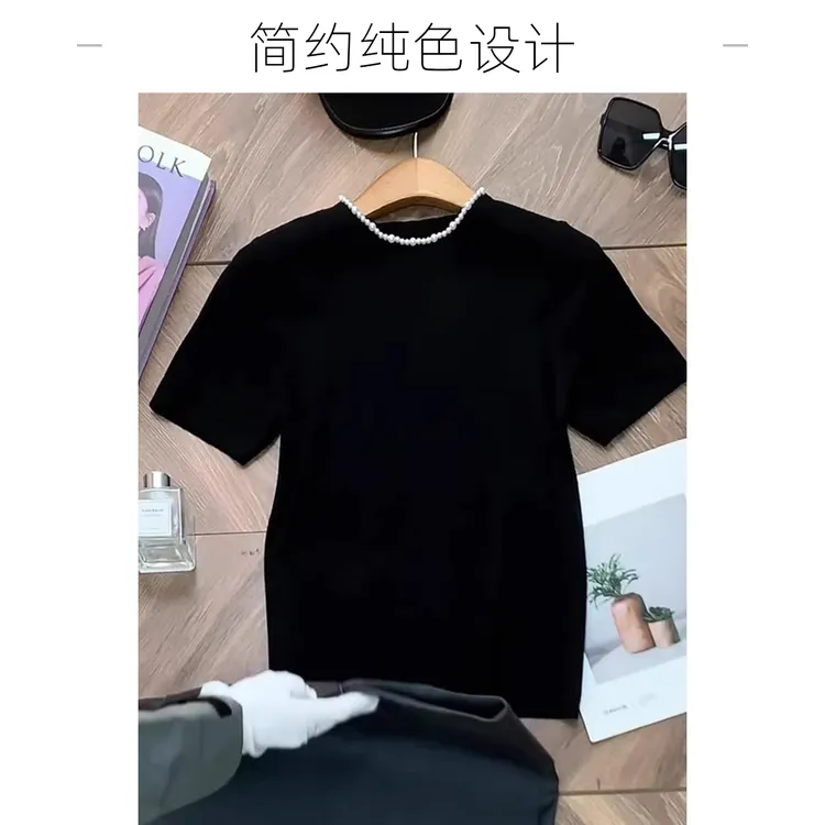 时尚减龄圆领气质黑色亮珠上衣女2025春季正肩短袖设计宽松T恤女