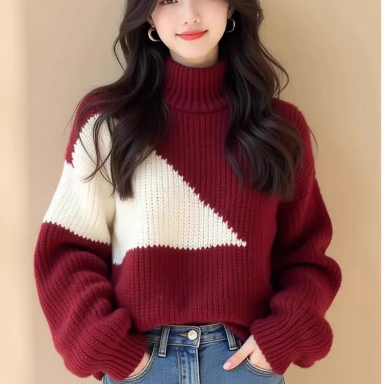 酒红色撞色不规则粗线毛衣女冬季高领针织上衣时尚宽松网红套头  