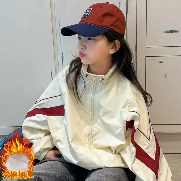【现货】女童外套春秋款夹棉撞色宽松运动休闲儿童韩版上衣时髦外套