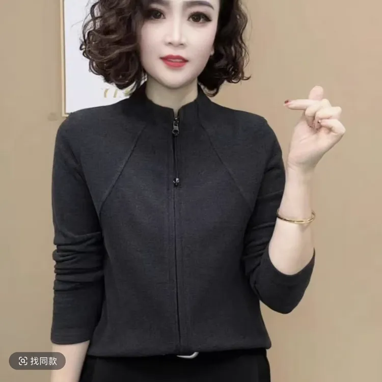 2024新品时尚洋气百搭气质拉链开衫长袖减龄气质休闲女上衣立领