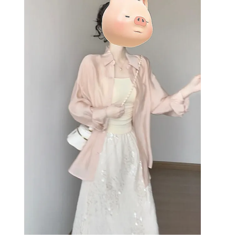 春季新款时尚防晒薄款衬衫长袖内搭吊带背心亮片半身裙显瘦套装女
