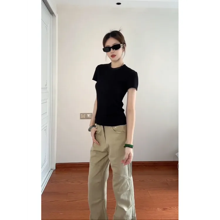 SUMBUR春秋新款黑色短袖t恤女修身显瘦圆领设计感辣妹纯欲风上衣
