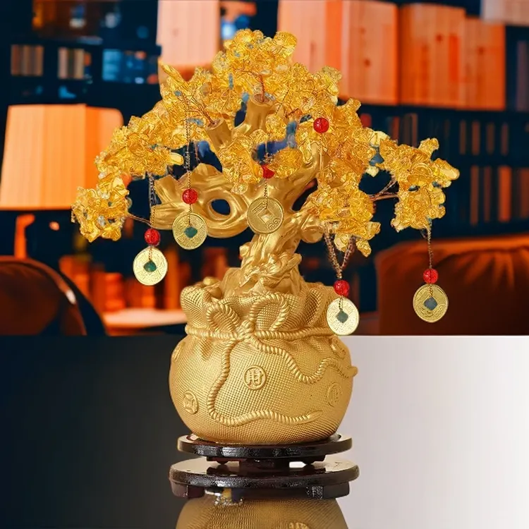 【新款大号】黄水晶摇钱树中式家居客厅玄关电视柜客厅电视柜摆件