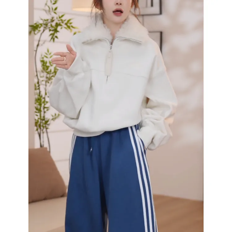 宽松百搭羊羔毛拼接半拉链加绒卫衣女2025冬季新款时尚洋气外套潮