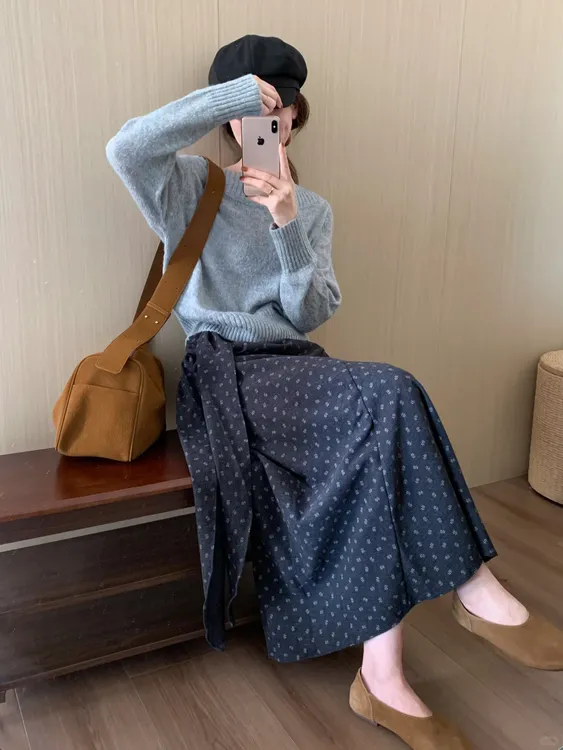 秋季穿搭一整套女韩系复古慵懒风灰色毛衣搭配半身裙显瘦两件套女