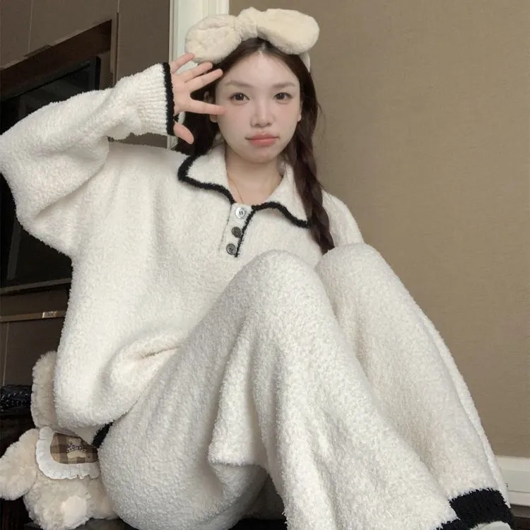 2025简约半边绒加厚秋冬慵懒家居服睡衣冬季长袖套装女可外穿翻领