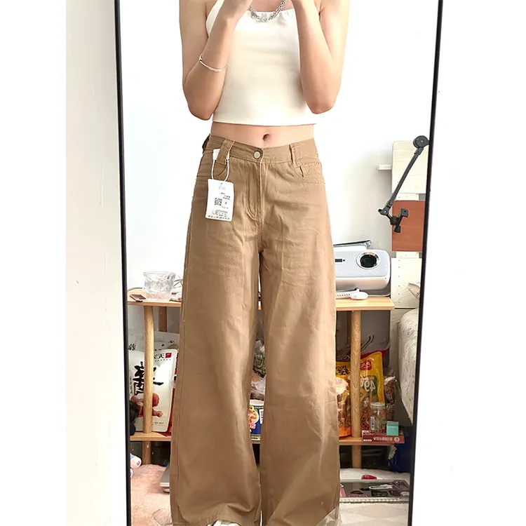 秋夏款拿铁棕色卡其牛仔裤女2025高腰宽松阔腿百搭显瘦直筒长裤子