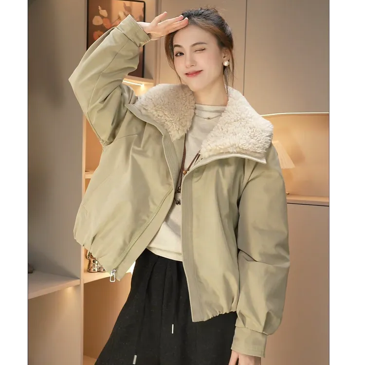 （全身加绒）欧货仿羊羔毛翻领短款加绒加厚派克服外套女2025冬棉服