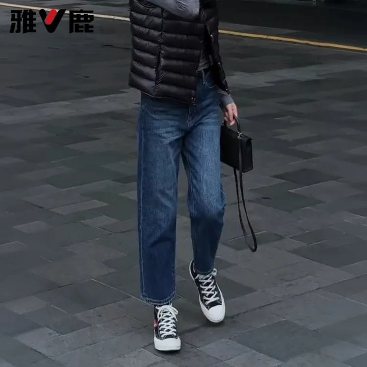 雅鹿牛仔裤加绒烟管裤女2025冬款高腰显瘦小个子窄版直筒裤