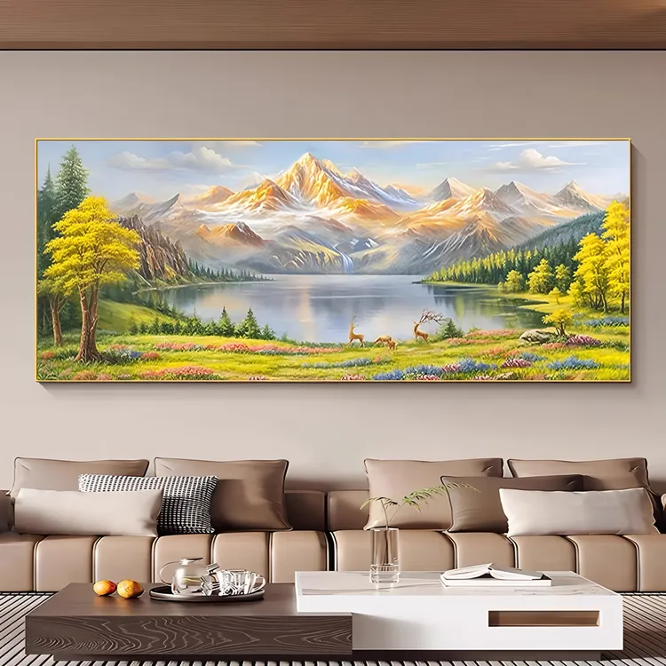 2025客厅装饰画日照金山沙发背景墙挂画现代轻奢带框山水背景油画