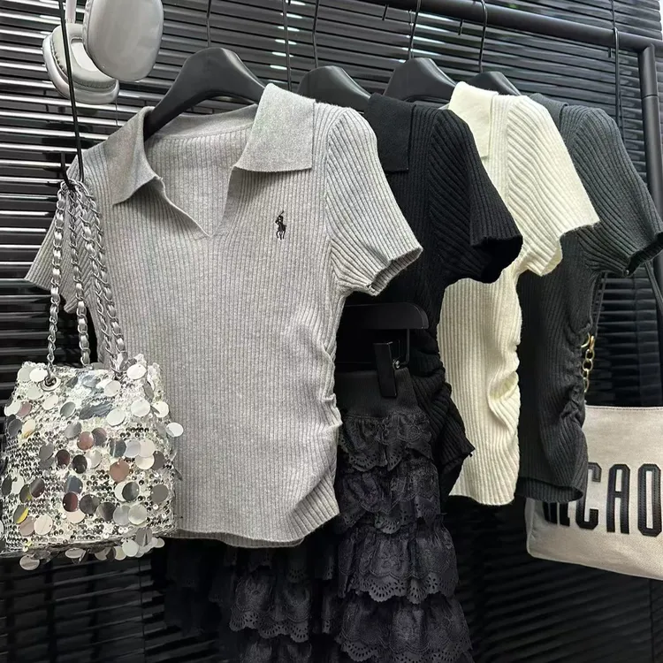 【针织polo领刺绣抽褶短袖】显瘦修身百搭新款高级感针织上衣5111