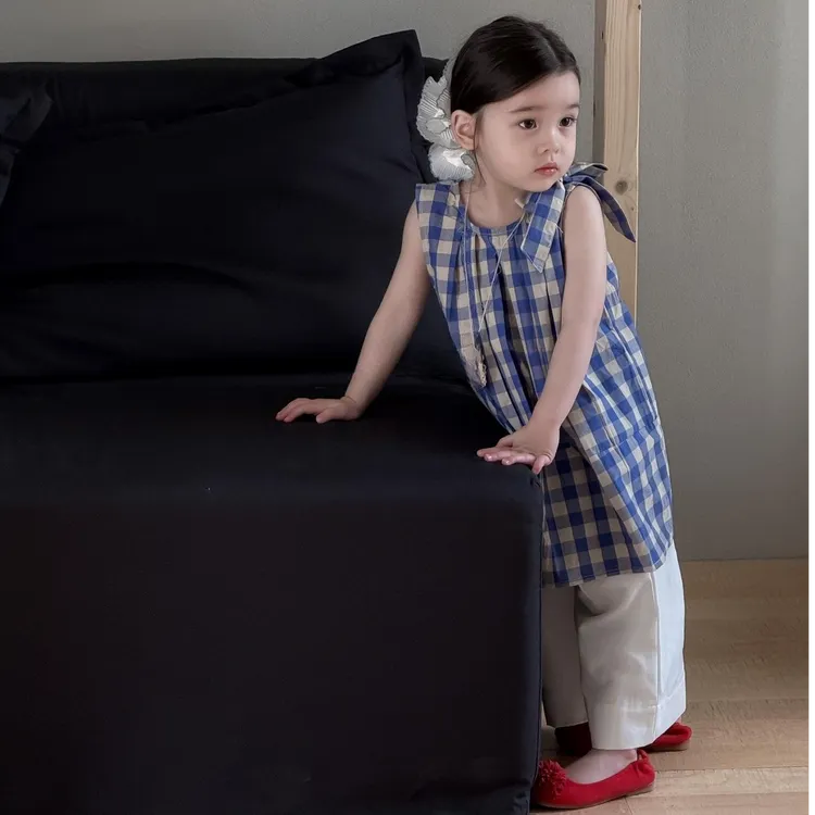 2025女童夏季背心裙韩系时髦拼色格子无袖纯棉洋气休闲阔腿裤童装