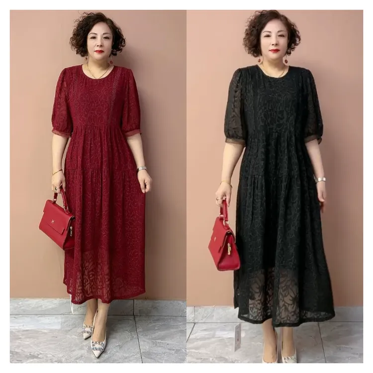 412高端大牌真丝中年连衣裙夏喜婆婆新款桑蚕丝大码宽松妈妈长裙