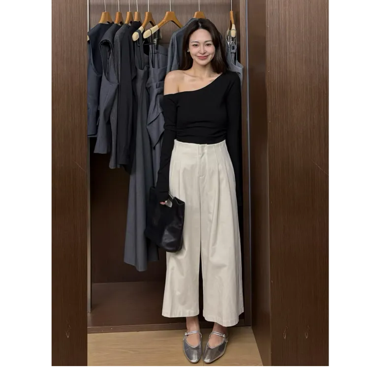 轻熟风简约高级感修身斜肩长袖上衣高腰显瘦宽松直筒休闲阔腿裤女