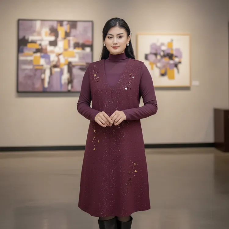 套头款V领套头连衣裙轻奢秋冬百搭打底长款连衣裙两件套气质女士