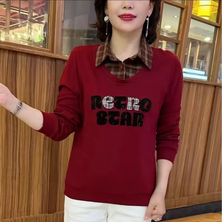 卫衣女2025秋季新款时尚格子拼接假两件字母印花韩版宽松百搭上衣