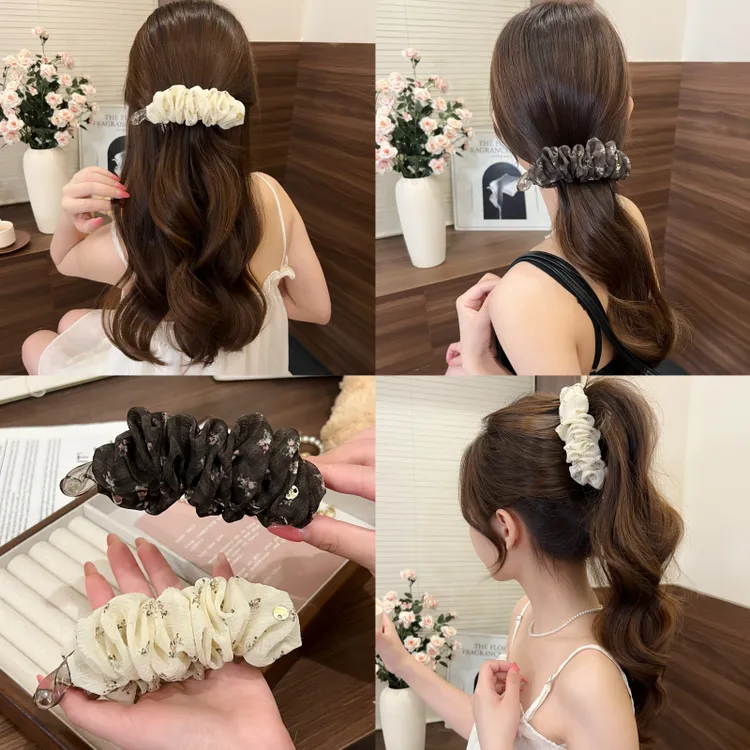 复古氛围感碎花网纱大号香蕉夹女高级感气质百搭扎马尾发饰商品图